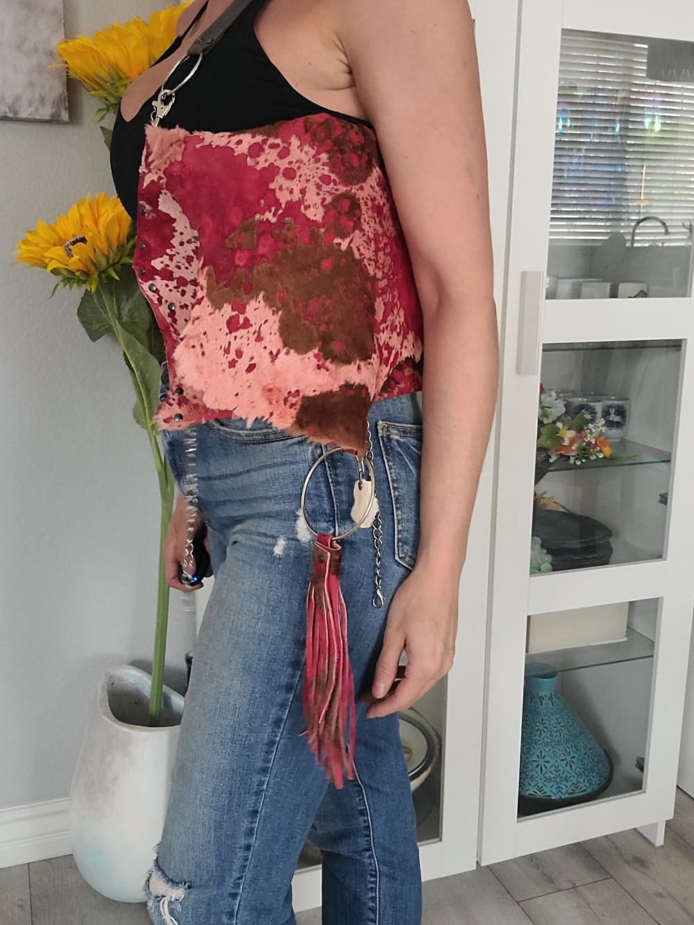 Women's Leather Hair On Waist Bag - Pink Brown Tie-Dye - Picture 6 of 7